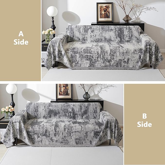 MEETSKY Boho Couch Cover for 2 Cushion Couch Sofa, Chenille Sofa Cover for Sectional Sofa, Modern Khaki Abstract Jacquard Sofa Covers Washable Sofa Slipcover for Pets Friendly, 91" X118", Deep Grey