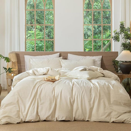 MooMee Striped Duvet Cover Set 100% Washed Cotton Linen Like Textured Breathable Durable Soft Comfy (Almond Milk Grey White Wide Stripes, Full 80"x90")