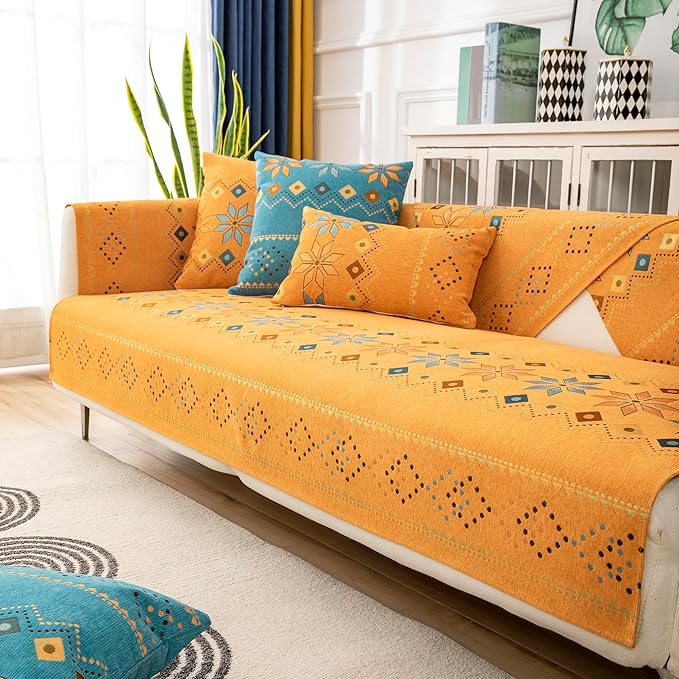 Boho Chenille Couch Covers,Geometric Couch Covers for Sofa,Chenille Couch Cover Non Slip,Sectional l Shaped Sofa Furniture Protector Cover for Home Decor,Orange_Chaise 35x63in/90x160cm