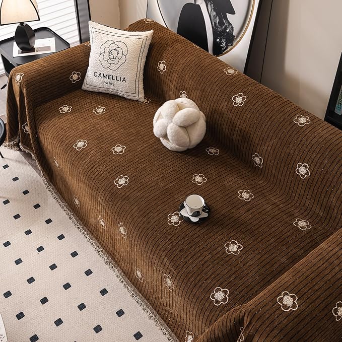 ROOMLIFE Boho Couch Covers Brown for 3 Cushion Sofa, Chenille Couch Cover Sectional Sofa Cover for Dog, Washable Furniture Sofa Protector Cover Soft Blanket with Tassel for Living Room, 71 '' X 134''