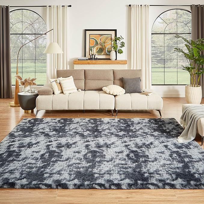 Floralux 8x10 Rugs for Living Room, Tie-Dyed Dark Grey, Ultra Soft Large Shag Bedroom Rug, Fluffy Plush Modern Floor Carpet