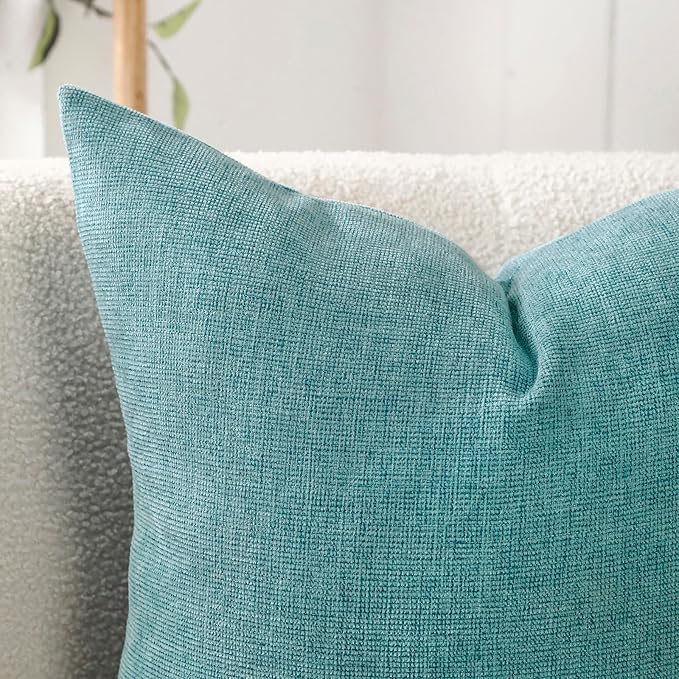 Jepeak 22x22 Inch Decorative Chenille Throw Pillow Covers, Pack of 2 Cozy Concise Pillow Cases Soft Farmhouse Modern Square Cushion Cover for Sofa Couch Bed Home Decor, Turquoise