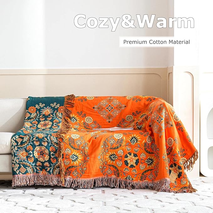 Boho Throw Blanket for Bed 100% Cotton Ultra Soft Rustic Quilt Floral Printed Farmhouse Decor Fall Bed Blankets,60"×80" All Season Rustic Large Throw for Sofa Couch Chair