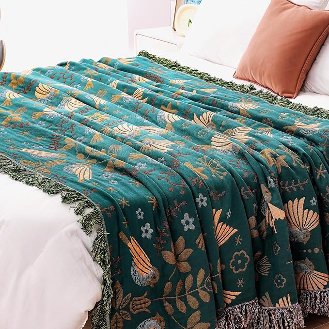 Boho Throw Blanket, 100% Organic Cotton Breathable Ultra Soft 50" x 60" Bed Quilt Throw - Floral Rustic Bird Farmhouse Decor Luxury Reversible Blanket for Sofa Couch Chair and Gift,Teal/Beige