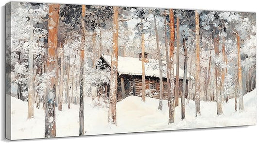 GUTTATY Winter Christmas Cabin Canvas Wall Art, Snow Forest Canvas Painting, Rustic Winter Scene Wall Decor, Textured Canvas Prints Pictures, Holiday Poster for Living Room, Bedroom, 16x8 Inch