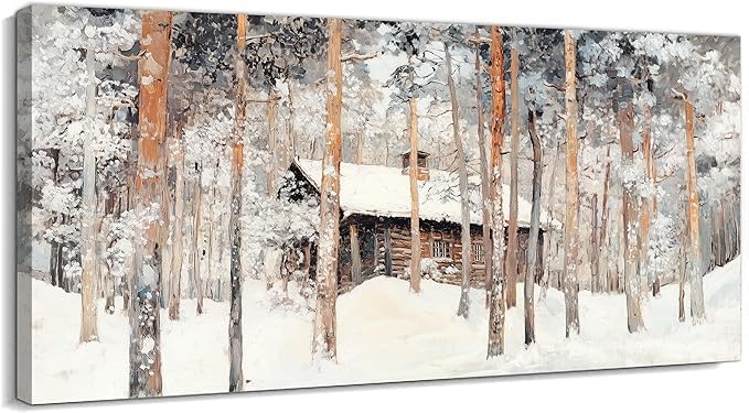 GUTTATY Winter Christmas Cabin Canvas Wall Art, Snow Forest Canvas Painting, Rustic Winter Scene Wall Decor, Textured Canvas Prints Pictures, Holiday Poster for Living Room, Bedroom, 32x16 Inch