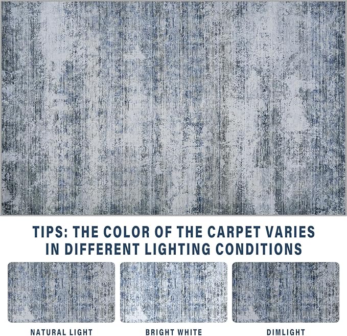 Area Rug Living Room Rugs: 6x9 Rug for Bedroom Machine Washable with Non Slip Backing Non Shedding Abstract Stain Resistant Large Carpet for Dining Room Nursery Home Office - Blue/Gray