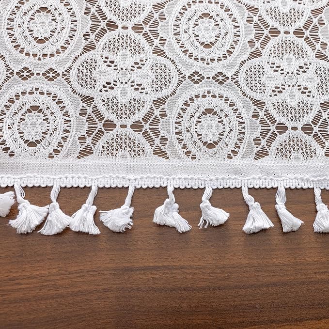 YJ YANJUN Boho Lace Curtains 63 Inch Length 2 Panel Sets White Crochet Curtains with Tassel Vintage Rustic Farmhouse Voile Sheer Drapes Privacy Short Curtains for Bedroom Living Room W59 x L63 White