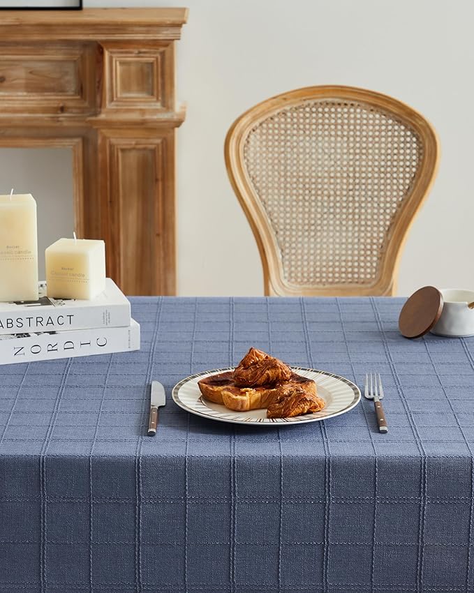 ZeeMart Linen Checked Table Cloth, Farmhouse Style Plaid Embroidered Blue Tablecloth, Water Resistant Rectangle Table Cloth, Blue 60x84 Inches