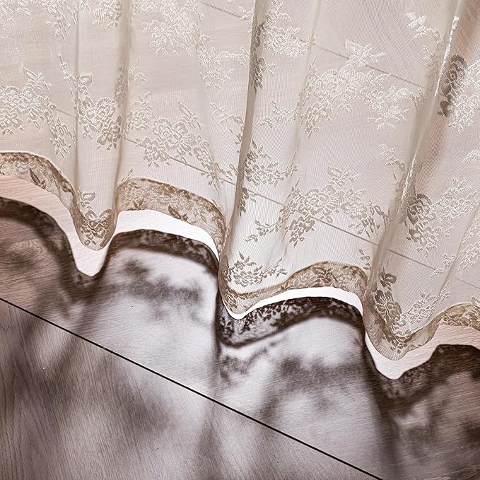 MEETSKY Beige Lace Sheer Curtains 84 Inches Long 2 Panels Set for Living Room Bedroom Vintage Victorian French Scalloped Light Filtering Drapes with Back Tab Rod Pocket, 50" W Each Panel, Oatmeal