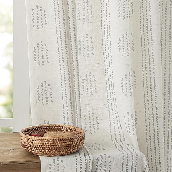 Boho Linen Curtains for Bedroom Living Room Grey Farmhouse Boho Curtains 96 Inches Long Geometric Striped Patterned Mudcloth Grommet Top Light Filtering Window Drapes 2 Panels Gray on Beige