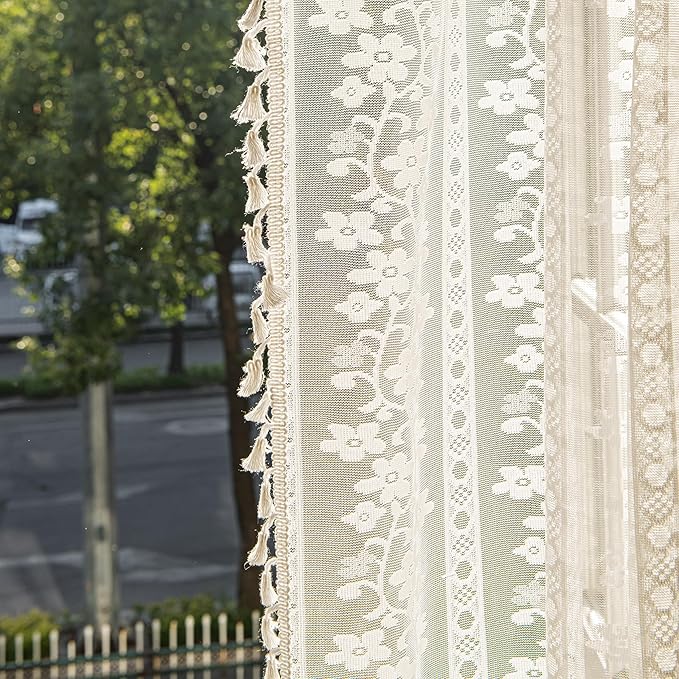 Sutuo Home Boho Curtains 2 Panels 96 Inches for Living Room, Window Treatments Bohemian Sheer Crochet Lace Vintage Drapes Pair, Country White Florals Knitted Handmade Tassels Rod Pocket, 52" x 96"