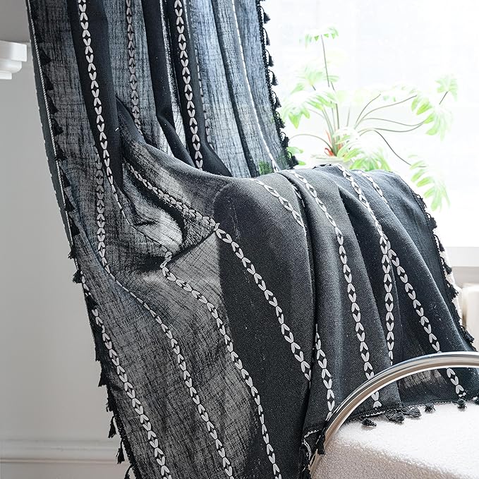 Sutuo Home Black Boho Curtains, Bohemian 1 Panel 108 inches Long for Bedroom Living Room Nursery Patio Halloween Decor, Vintage Country Linen Striped Farmhouse Window Treatment, 52" W x 108" L