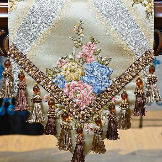 Extra Luxury Velvet Beige Table Runner 90 Inches Long with Vintage Damask Jacquard Design for Dining Room,Living Room,Home Decor,Elegant Beaded Tapestry (X-Beige, 13×90 inch)
