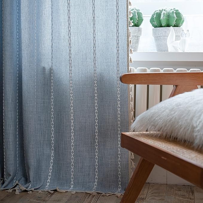 Sutuo Home Boho Curtain for Bedroom 96 Inches Long, Light Filtering Farmhouse Vintage Chic Tassels Window Treatment Bohemian Embroidery Drape, Rod Pocket 1 Panel 52" W x 96" L, Blue