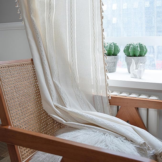 Sutuo Home Boho Curtains for Bedroom Living Room 90 Inches Long, Semi-Blackout Rustic Country Linen Embroidery Vintage Chic Tassels Hollow Window Treatment Bohemian Drape, 1 Panel 52" W x 90" L, Ivory