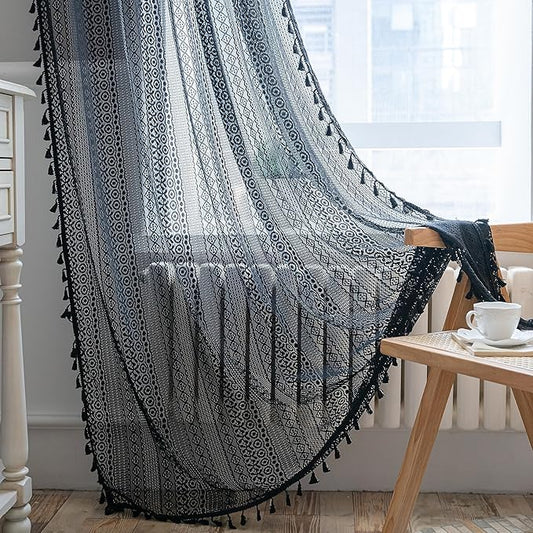 Sutuo Home Black Boho Curtain 84 Inches Length, Sheer Crochet Lace Handmade Tassels Knitted Window Treatment Vintage Rustic Bohemian Farmhouse Drape for Bedroom Rod Pocket 1 Panel 59" W x 84" L