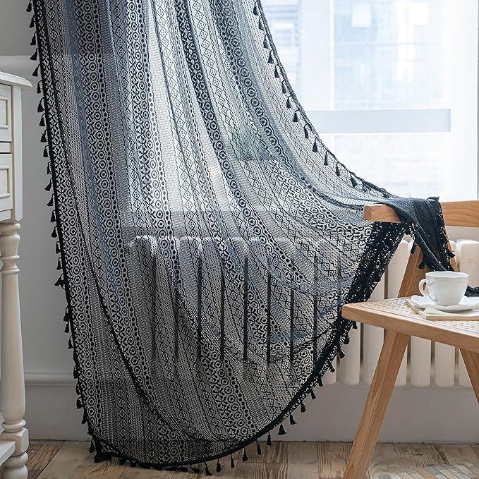 Sutuo Home Black Boho Curtain for Halloween Decor, Sheer Crochet Lace Handmade Tassels Knitted Window Treatment Vintage Rustic Bohemian Farmhouse Drape for Bedroom Rod Pocket 1 Panel 59" W x 96" L