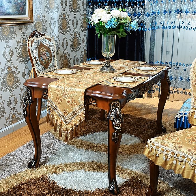 Luxury Velvet Gold Table Runner 72 Inches Long with Vintage Damask Jacquard Design for Dining Room,Living Room,Home Decor,Elegant Beaded Tapestry,Lining (Gold, 13×72 inch)