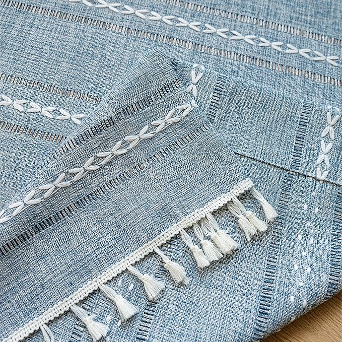 Sutuo Home Blue Boho Door Curtains for Doorway, Bohemian Semi Blackout with Tassels Privacy Embroidery Drape Decor for Temporary Room Dividers Bedroom Living Room, Rod Pocket 1 Panel 37" W x 80" L