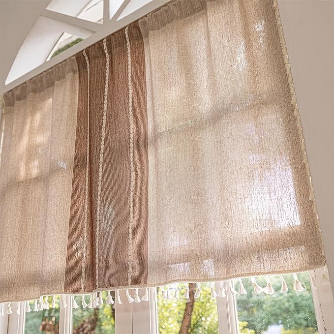 Sutuo Home Boho Curtains Valance Tier 36 inch for Cafe Kitchen Doorway Closet, Short Farmhouse Chic Tassels Window Treatment Bohemian Embroidery Drape, Rod Pocket 1 Panel 52" W x 36" L, Coffee Linen