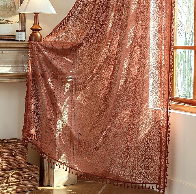 Terracotta Curtains 63 Inch length Vintage Floral Lace Curtains 2 Panels Fall Burnt Orange Sheer Crochet Drapes for Living Room Bedroom Light Filtering Rustic Autumn Halloween Decor , 59W x 63L