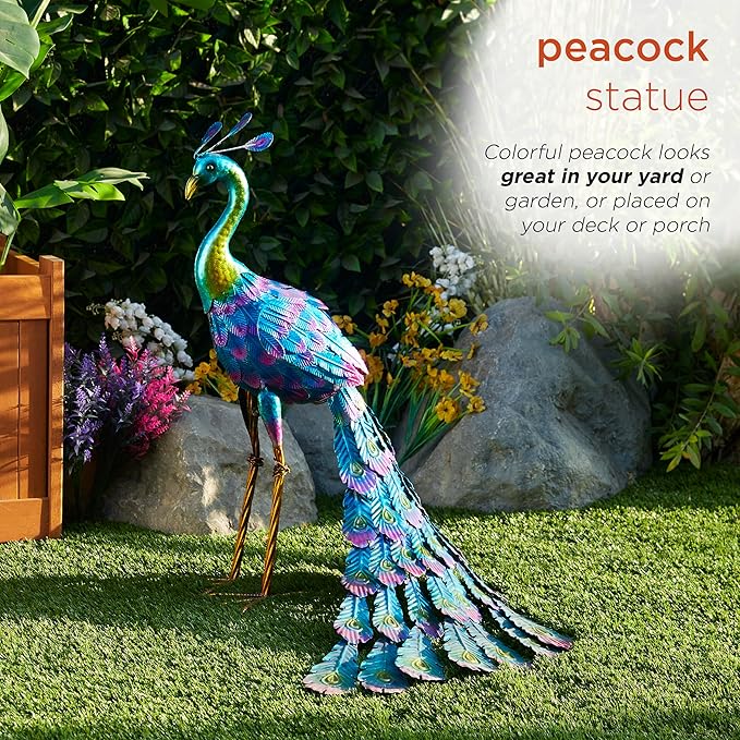 Alpine Corporation 28" Tall Outdoor Metallic Peacock Standing Yard Statue Decoration, Multicolor