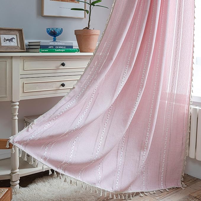 Sutuo Home Boho Curtain for Bedroom Living Room Nursery Kitchen, Light Filtering Country Farmhouse Vintage Chic Tassels Hollow Window Treatment Bohemian Drape, 1 Panel 52" W x 108" L, Pink