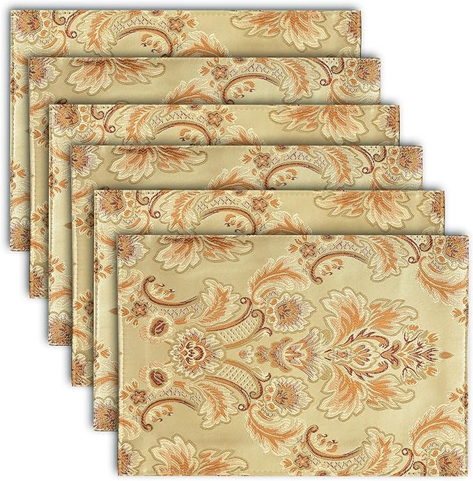 Luxury Dinner Table Runner and Placemats Set of 6, Gold Farmhouse Boho Fabric Cloth Place Mats, Perfect for Dining Room Decor, Washable Indoor Decoration((Gold, 6 Piece 13×18 Placements)