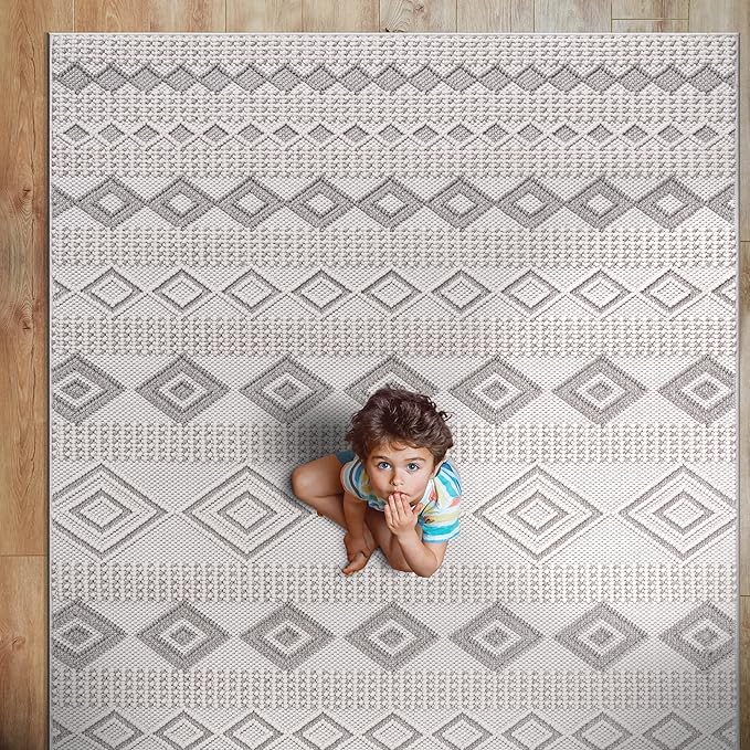 CAMILSON Micro Loop Rug 8x10 Modern Luxury Geometric Moroccan Diamond Area Rugs Soft High - Low Pile Stain Resistant Easy-Cleaning Non-Shedding for Living Room Office Indoor Carpet (8 x 10 White-Gray)