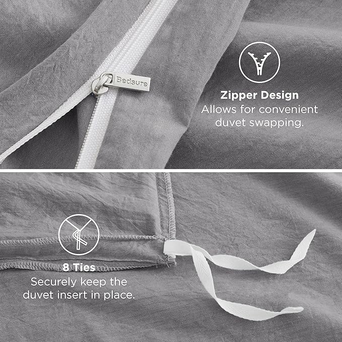 Bedsure 100% Washed Cotton Duvet Cover Queen Size - Grey Minimalist Cotton Duvet Cover Linen Like for All Seasons - GentleSoft™ Plain Simple Bedding, 3 Pieces (Grey, Queen, 90"x90")