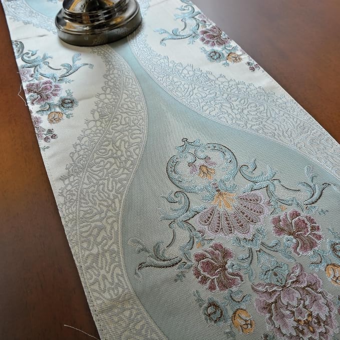 Luxury Velvet Blue Table Runner 120 Inches Long with Vintage Damask Jacquard Design for Dining Room,Living Room,Home Decor,Elegant Beaded Tapestry,Lining (X-Blue, 13×120 inch)