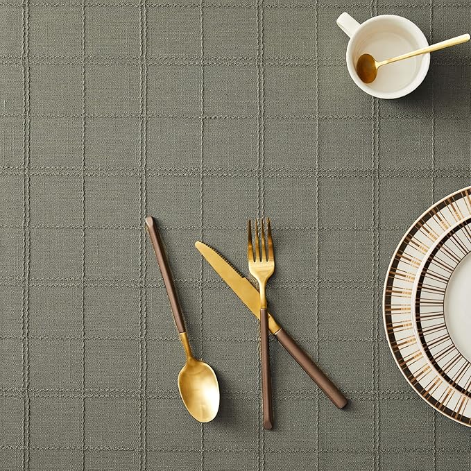 ZeeMart Linen Checked Table Cloth, Farmhouse Style Plaid Embroidered Green Tablecloth, Water Resistant Rectangle Table Cloth, Olive 52x70 Inches