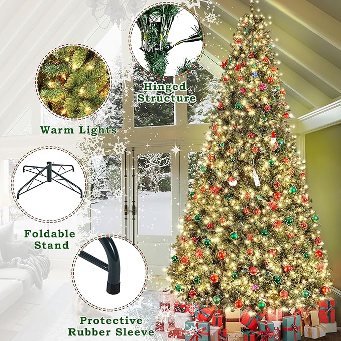 Yaheetech 12ft Pre-lit Spruce Artificial Hinged Christmas Pine Tree Prelighted Holiday Xmas Tree for Home Party Decoration with 1500 Warm White Lights and 4668 Branch Tips, Green