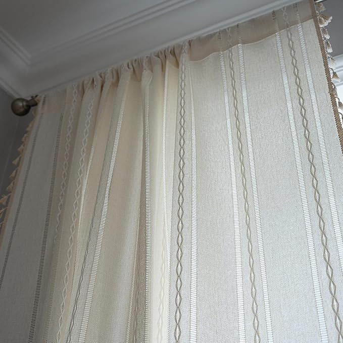 Sutuo Home Boho Curtain for Kitchen Cafe 63 Inches Long, Semi-Blackout Rustic Country Linen Embroidery Vintage Tassels Hollow Window Treatment Bohemian Drape, 1 Panel 52" W x 63" L, Ivory