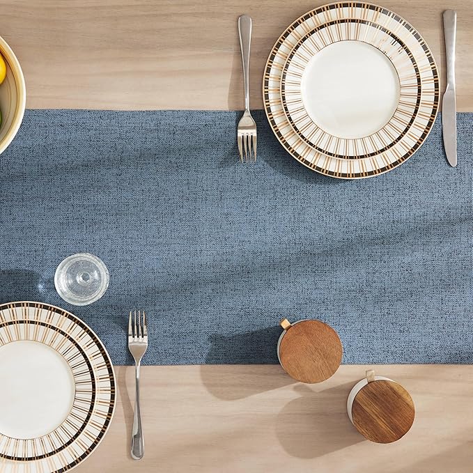 ZeeMart Burlap Style Farmhouse Table Runners 60 Inches Long, Blue Rustic Woven Dining Table Runner for Everyday Use, 14x60 Inches, Blue