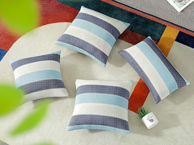 AmHoo Pack of 2 Farmhouse Stripe Check Throw Pillow Covers Set Case Cotton Linen Decorative Pillowcases Cushion Cover for Couch Bench Sofa 24x24Inch Blue Beige
