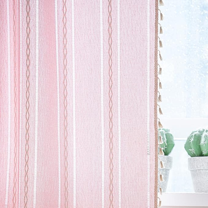 Sutuo Home Boho Curtain for Bedroom Living Room Nursery Kitchen, Light Filtering Country Farmhouse Vintage Chic Tassels Hollow Window Treatment Bohemian Drape, 1 Panel 52" W x 84" L, Pink