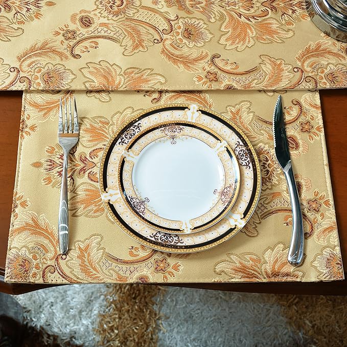 Luxury Dinner Table Runner and Placemats Set of 8, Gold Farmhouse Boho Fabric Cloth Place Mats, Perfect for Dining Room Decor, Washable Indoor Decoration(Gold, 8 Piece 13×18 Placemats)