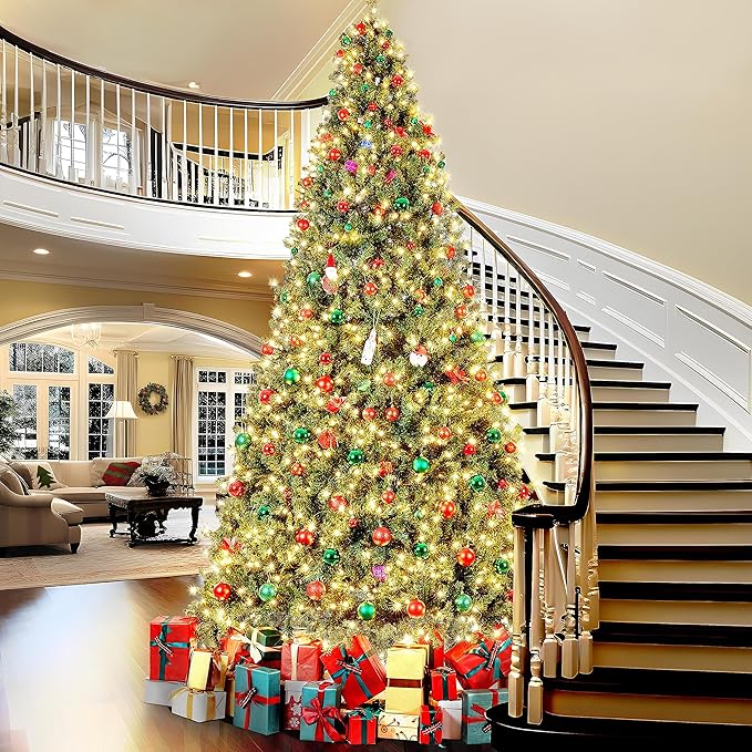 Yaheetech 12ft Pre-lit Spruce Artificial Hinged Christmas Pine Tree Prelighted Holiday Xmas Tree for Home Party Decoration with 1500 Warm White Lights and 4668 Branch Tips, Green