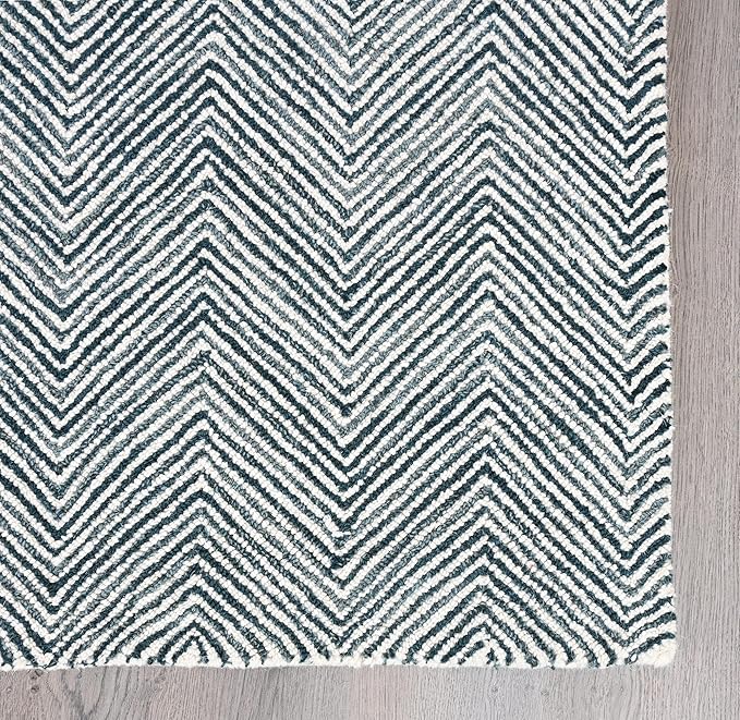 Modern Herringbone Chevron Collection Handcrafted Wool Area Rug - Durable, Zigzag Pattern, for High Traffic, Contemporary Design for Living Room, Bedroom, Dining Room Decor (Denim Blue, 6' x 9')