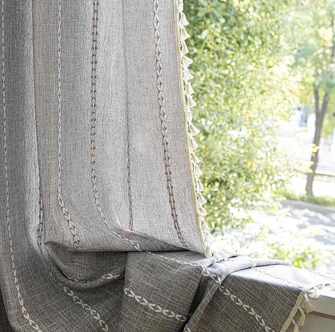 Sutuo Home Boho Curtains for Kitchen Bedroom Dining Room, Linen Farmhouse Shabby Chic Tassels Window Treatment Bohemian Embroidery Drape, Rod Pocket 1 Panel 52" W x 63" L, Brown