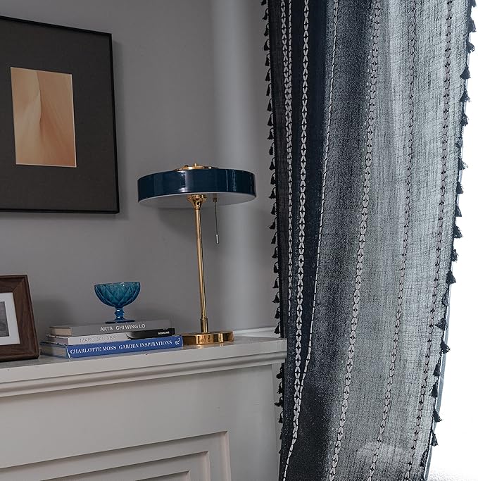 Sutuo Home Black Boho Curtains 90 inches Long for Bedroom Living Room Nursery Patio Halloween Decor, Bohemian Vintage Country Linen Striped Farmhouse Window Treatment, 1 Panel,52" W x 90" L