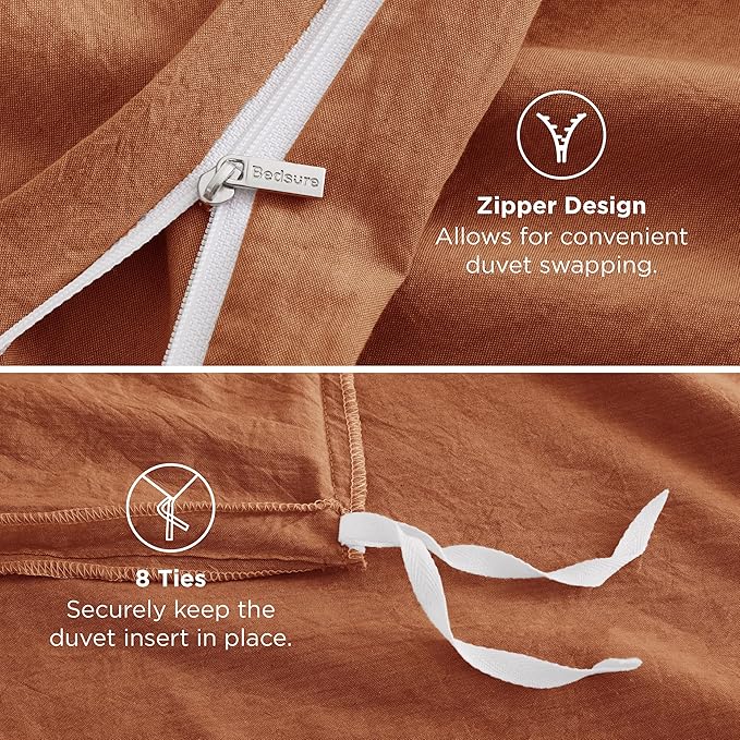 Bedsure 100% Washed Cotton Duvet Cover King Size - Burnt Orange Minimalist Cotton Duvet Cover Linen Like for All Seasons - GentleSoft™ Plain Simple Bedding (Burnt Orange, King, 104"x90")