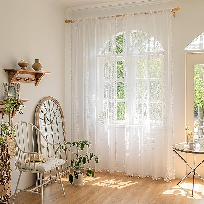 Sutuo Home White Boho Curtains 2 Panels 96 Inches Length for Bedroom Living Room Patio, Window Treatments Bohemian Sheer Knitted Crochet Lace Vintage Drapes Pair Tassels, Rod Pocket, 52" x 96"