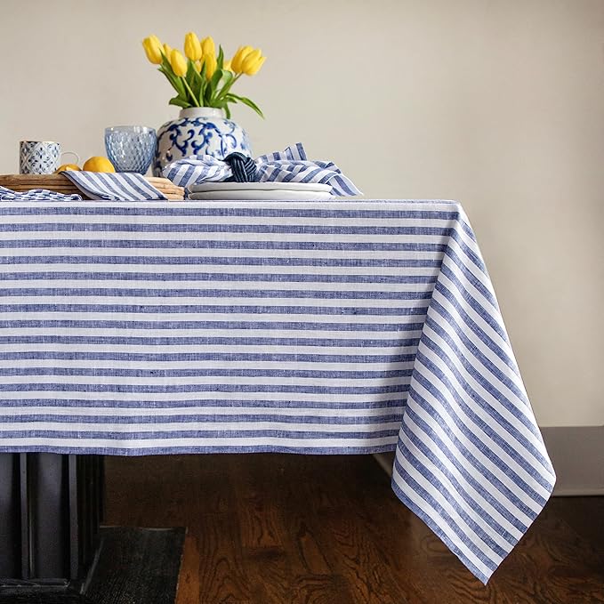 Solino Home Linen Tablecloth 60 x 90 Inch - Amalfi Stripe 100% Pure Linen Navy and White Table Cloth for Rectangle Tables - Machine Washable Tablecloth for Autumn, Thanksgiving, Christmas, Winter