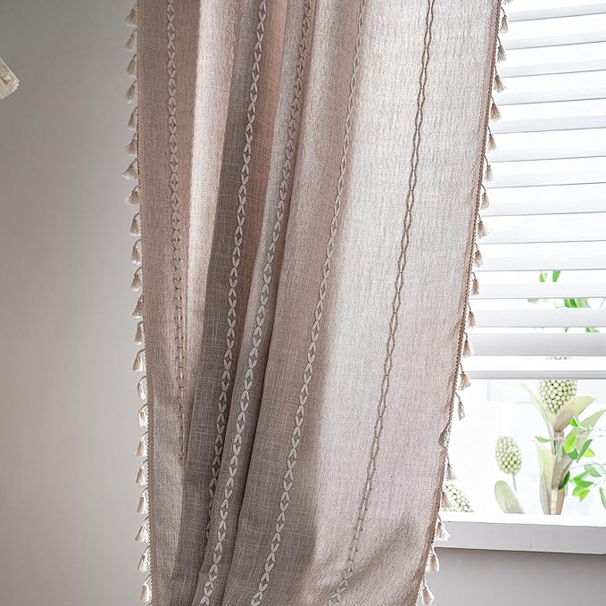 Sutuo Home Boho Curtains for Bedroom Living Room 63 Inch Length, Light Filtering French Country Farmhouse Vintage Shabby Chic Tassels Window Treatment Bohemian Drape, 1 Panel 52" W x 63" L, Taupe