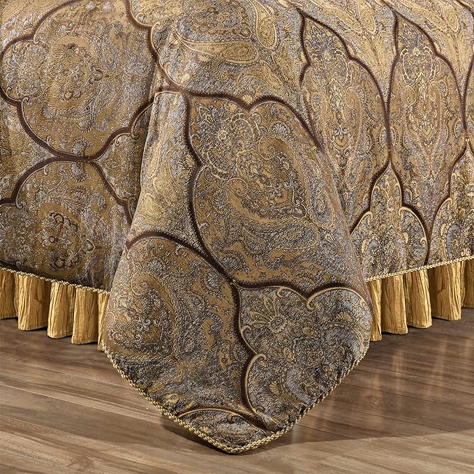 Loom and Mill 9-Piece Jacquard Comforter Set, Luxury Classic Antique Comforter Queen Sets, Ultra Soft Damask Bedding with Euro Shams, Bedskirt, Filled Decorative Pillow for Home (Bronze Gold, Queen)