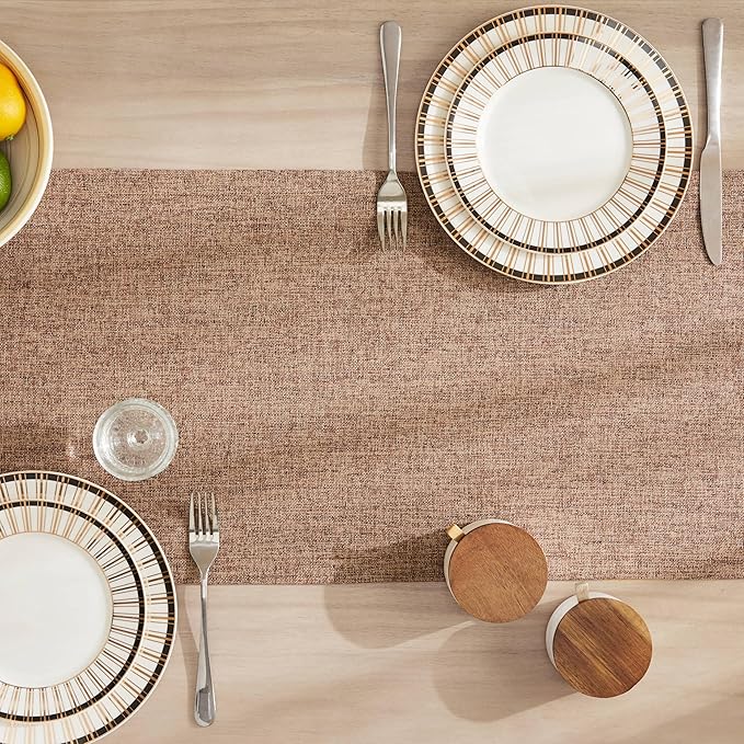 ZeeMart Burlap Style Farmhouse Table Runners 108 Inches Long, Brown Rustic Woven Coffee Table Runner for Everyday Use, 14x108 Inches, Brown