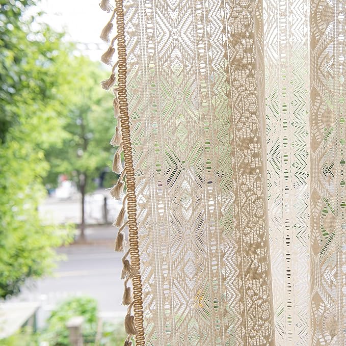 Sutuo Home Boho Curtains 84 Inches Length 2 Panels for Bedroom, Window Treatments Bohemian Sheer Crochet Lace Vintage Cotton Drapes Pair, Beige Geometry Handmade Tassels Rod Pocket, 52" x 84"